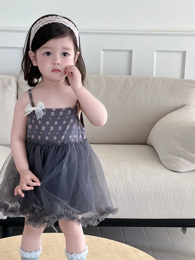

MILANCEL New Summer Girls Thin Dress 9M-3T Baby Suspenders Floral Mesh Skirt Toddler Loose Korean Patchwork One-piece Dress