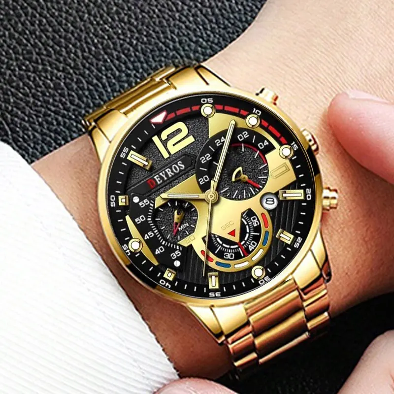 3PCS Set Fashion Mens Business Watches Male Casual Stainless Steel Quartz Wristwatch Men Gold Necklace Bracelet Wrist Watch