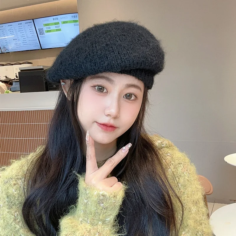 Winter Warm Knitted Beret for Women Mohair Woolen Berets Fashion Vintage Soft Painter Hat British Retro Trendy Solid Newsboy Cap