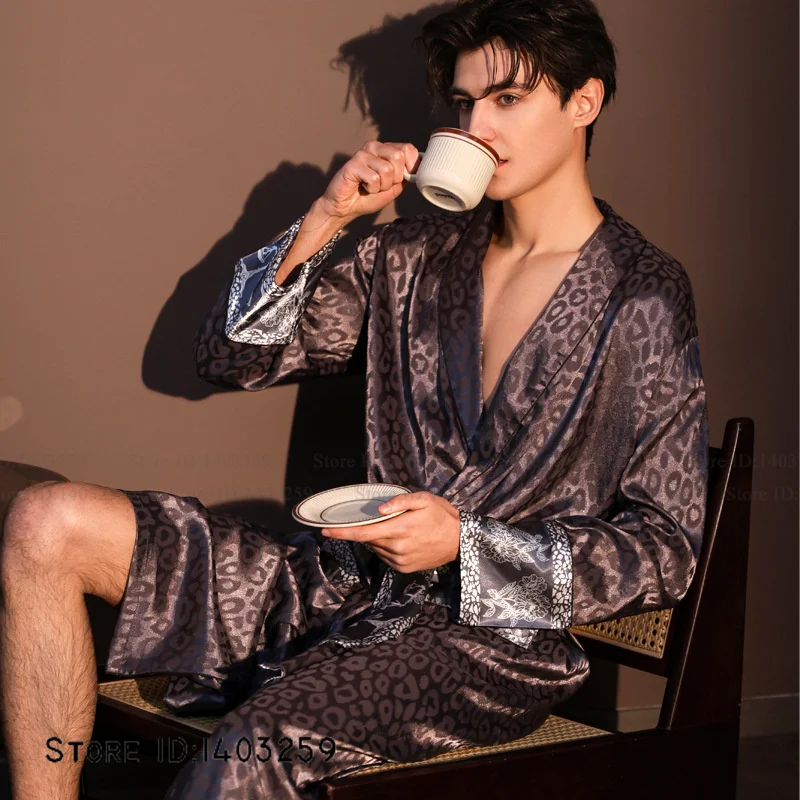 

Мужской халат класса люкс с леопардовым принтом, шелковистый атласный кимоно-халат, домашняя одежда, свободная повседневная одежда для дома, нижнее белье