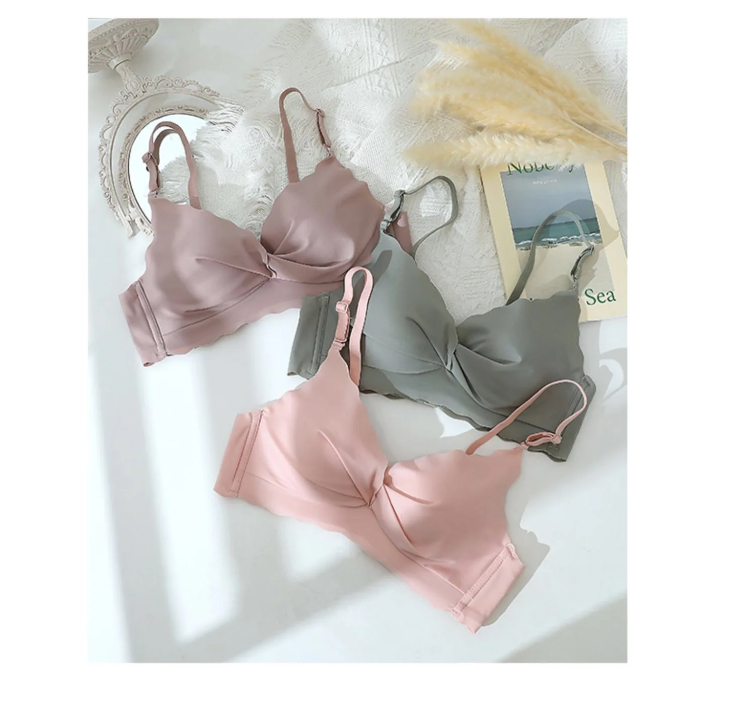 Conjunto de sujetador y bragas sin costuras para mujer, color blanco, fino, con efecto push-up, sin aros, ropa interior cómod...