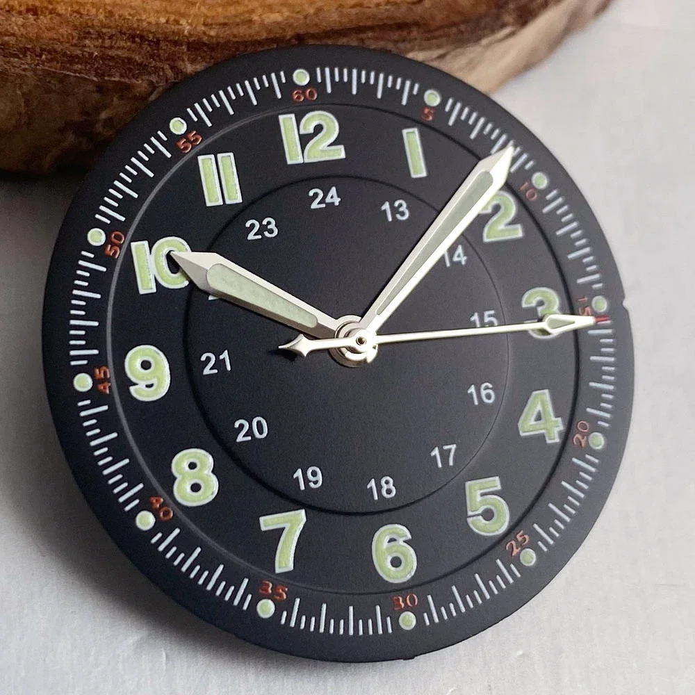 29mm Pilotenuhr-Zifferblatt mit schwarzen Zeigern für NH35 NH36 ETA2824 PT5000 ST2130 Miyota 8215, grün leuchtende Taucheruhr-Teile – Detail 6