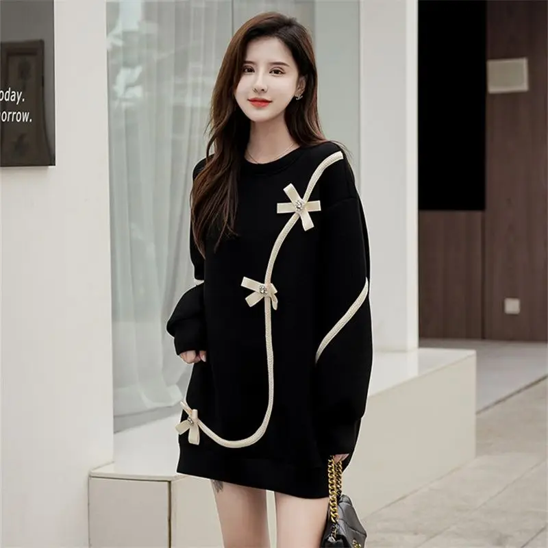 Chic Bow Panel Pullover Sweatshirts for Women Fashion Korean Long Sleeve Loose Round Neck Pull Tops Spring Autumn Female