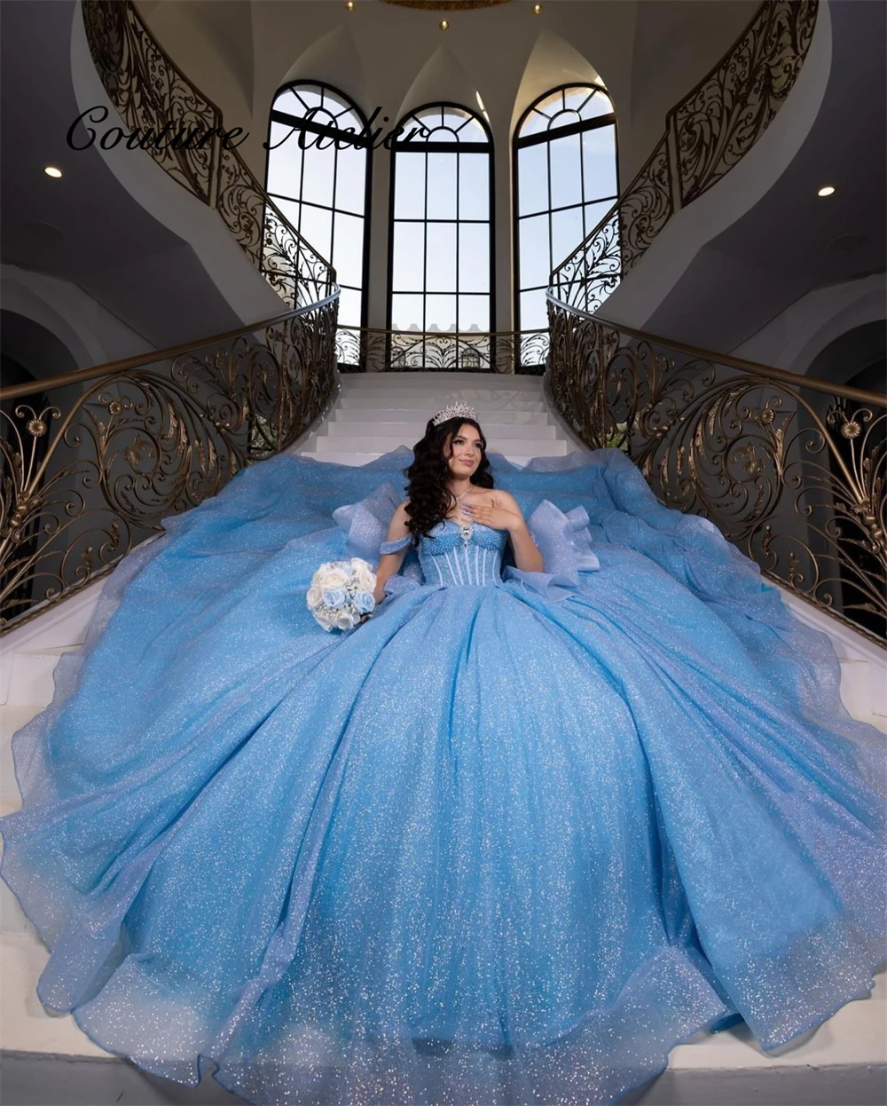 Elsa Blue Shinning Off The Shoulder Quinceanera Dress Ball Gown 2024 Crystal Princess Corset Sweet 16 Dress Wedding Customized