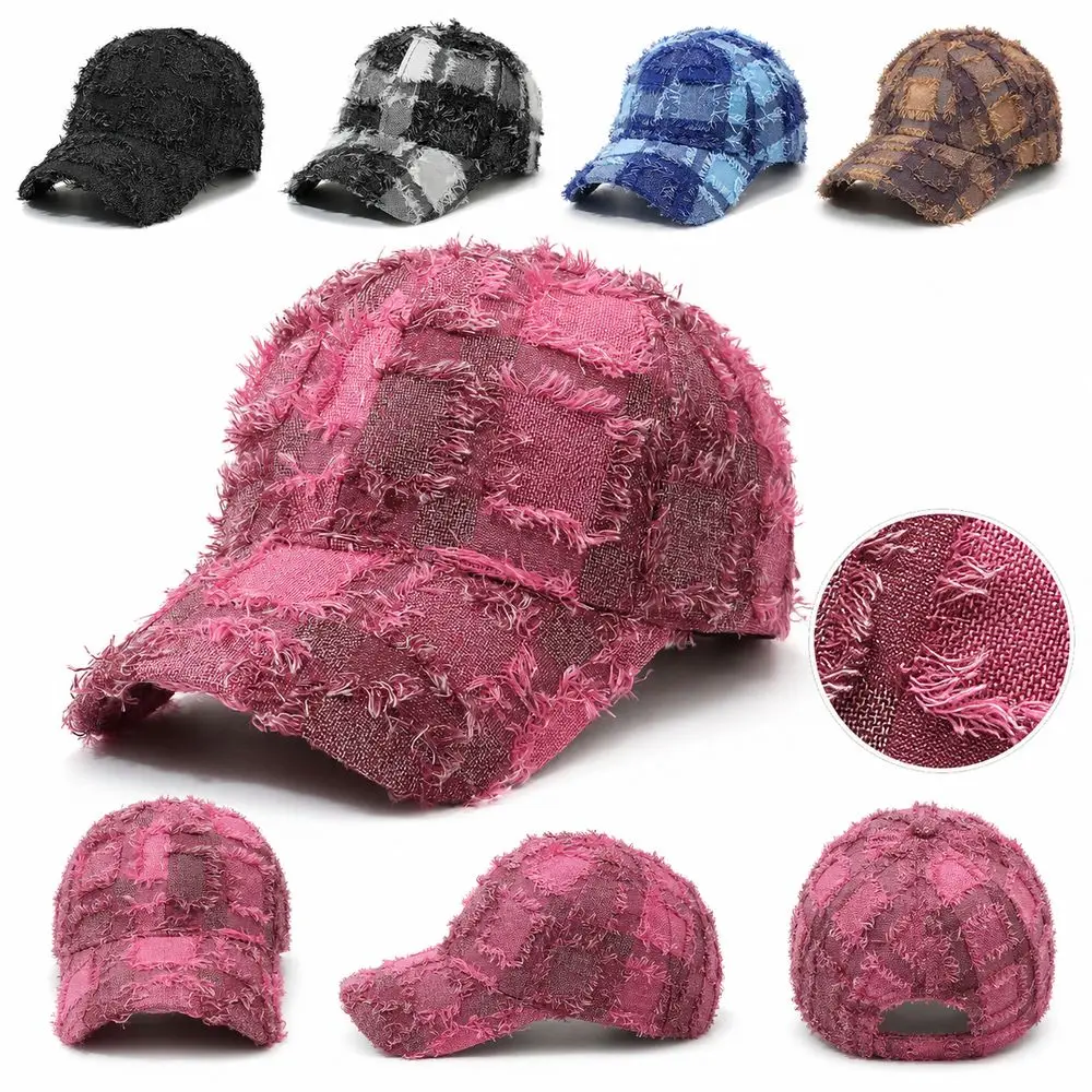 Frayed Edge Distressed Baseball Cap Plaid Pattern Plain Front Casual Baseball Hat Adjustable Fit Distressed Style
