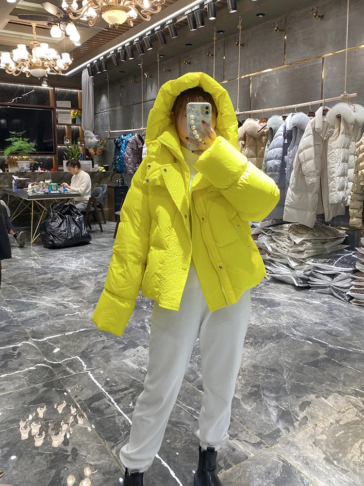 Thicken Down Jacket Women Winter Short White Duck Down Coat Hooded Parka White Black Yellow Khaki Loose Warm Coat 2023