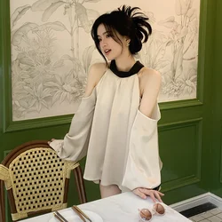 Fashion Lace Up Bow Off Shoulder Lantern Sleeve Blouses Women's Clothing 2024 Spring New Loose Korean Tops Office Lady Shirts