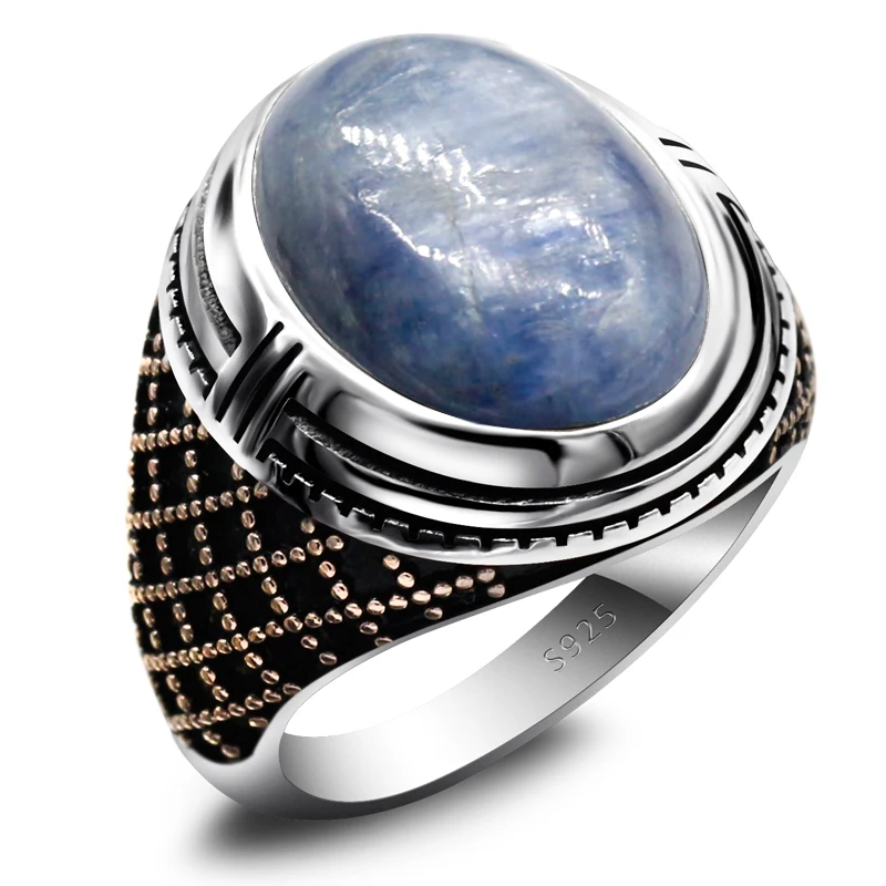 

Turkish Jewelry Men's Ring Big Stone Natural Kyanite 925 Sterling Silver Rose Gold Ladies Men's Silver Ring with Stone