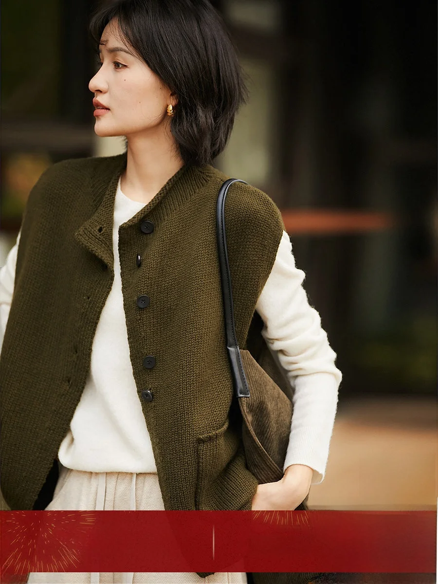 

Женский шерстяной жилет с воротником-стойкой на одной пуговице, мягкий вязаный топ для повседневной носки, теплый и стильный