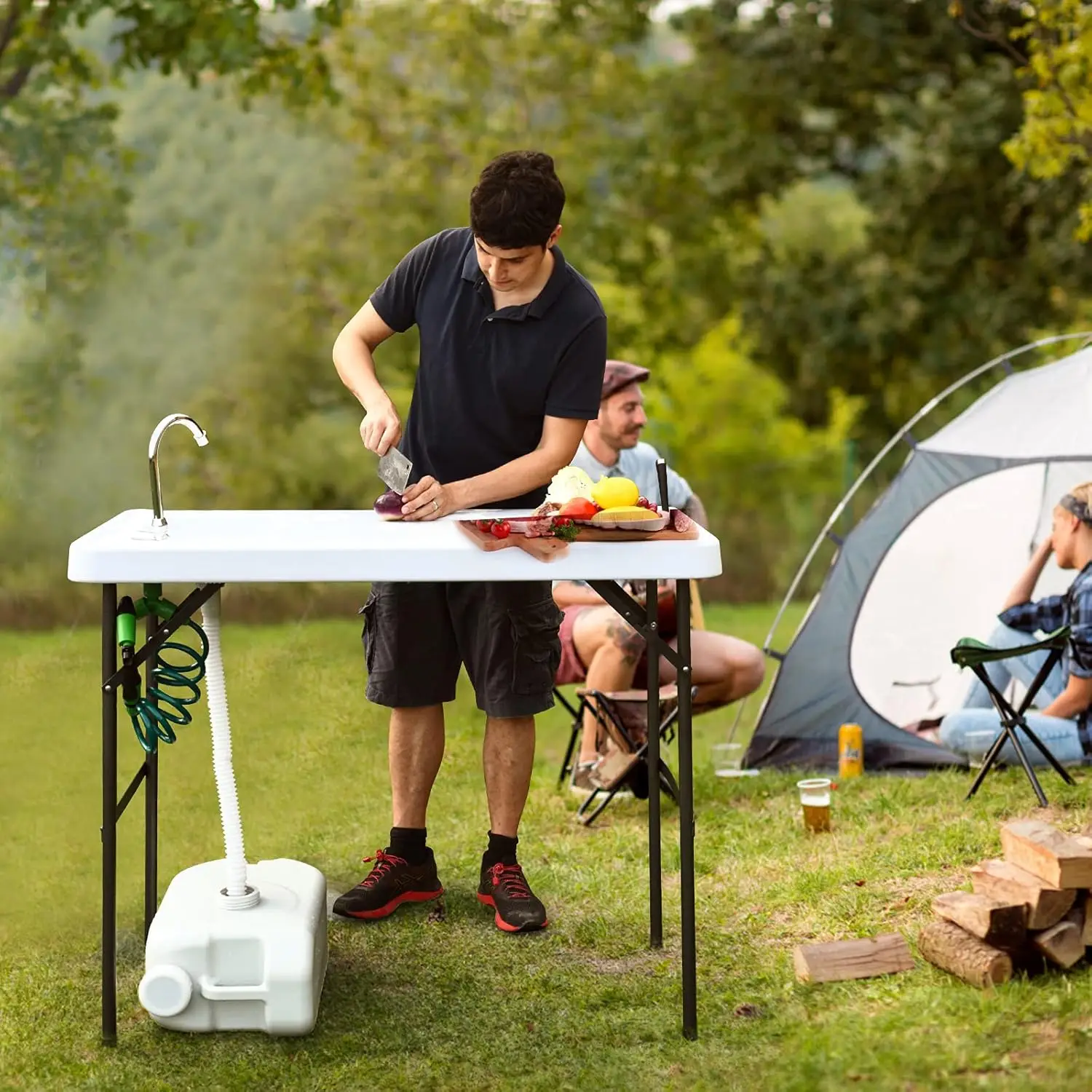 Folding Fish Cleaning Table with Sink and Spray Nozzle, Heavy Duty Fillet Table with Hose Hook Up and Faucet, Portable Outdoor C