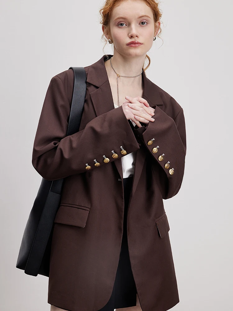 MOLAN Elegant Classic Women Blazer Autumn Jacket  Senior Fried Street Design Sense Niche Brown Curry Commuter Small Suit Top