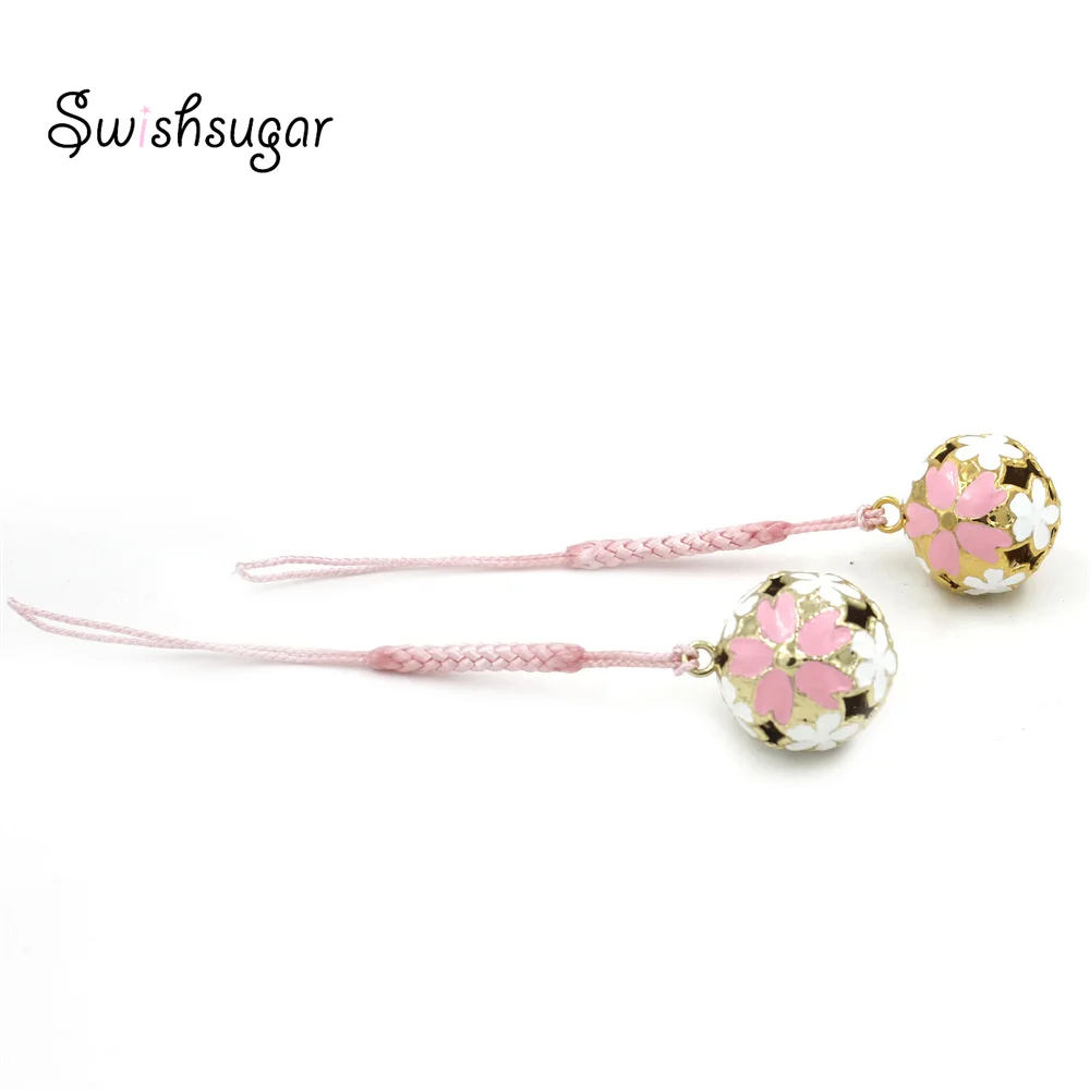 Hollow Japanese Temple Sakura Flower Jingle Bell Charm Pendant With Rope Jewelry Craft Accessories Decor