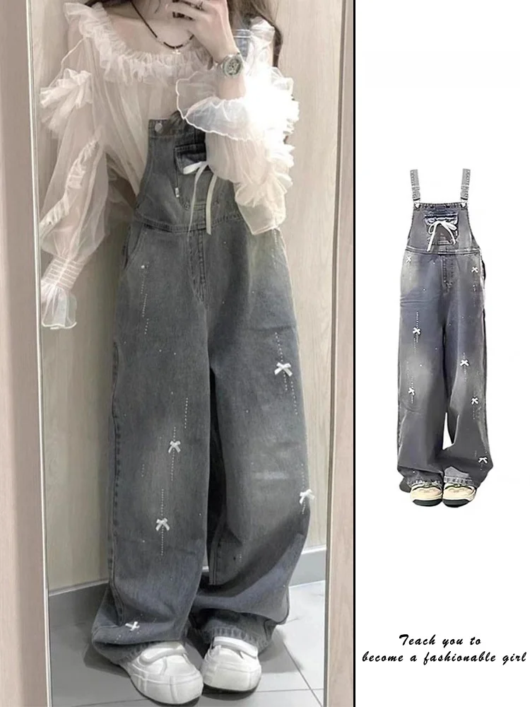 

Американский джинсовый комбинезон с кружевным узлом, женский свободный повседневный весенне-осенний новый удобный комбинезон маленького размера