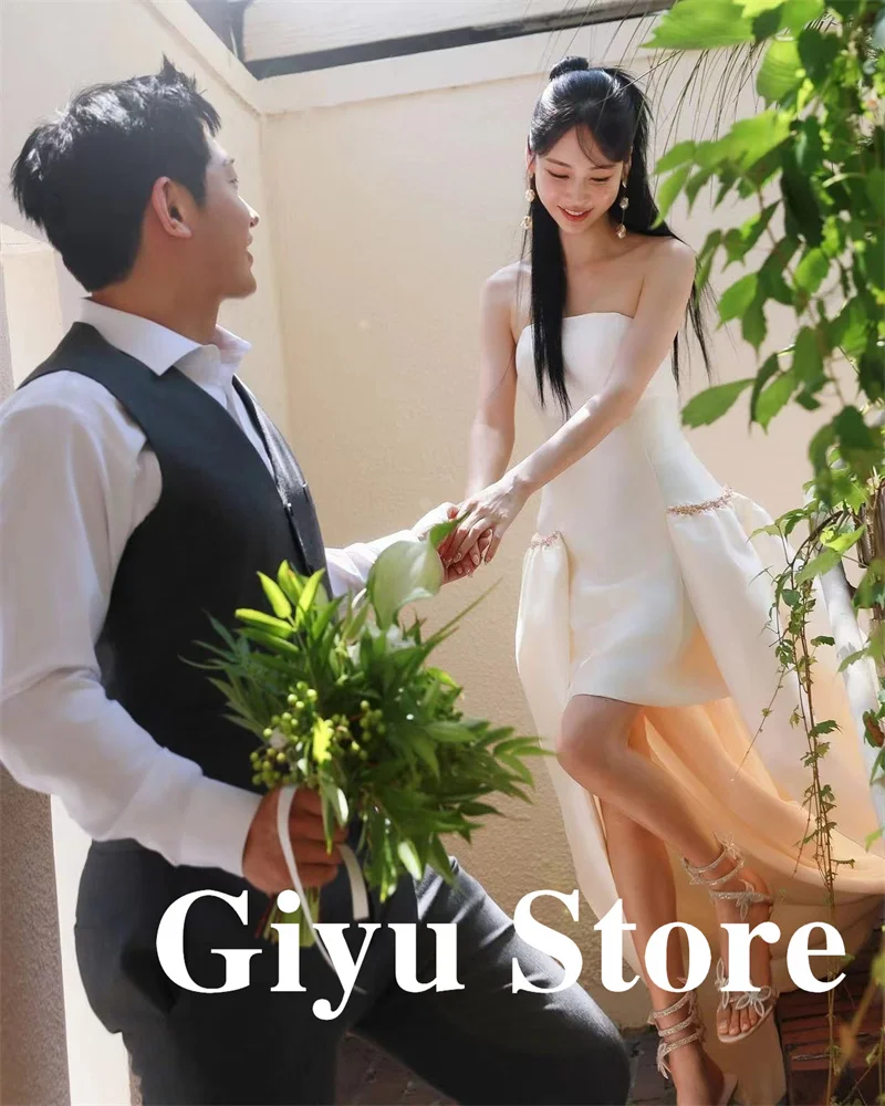 Giyu Strapless Mini Short Wedding Dresses With Detachable Country Beach Photo shoot Bride Gowns Korea Women Formal Evening Dress