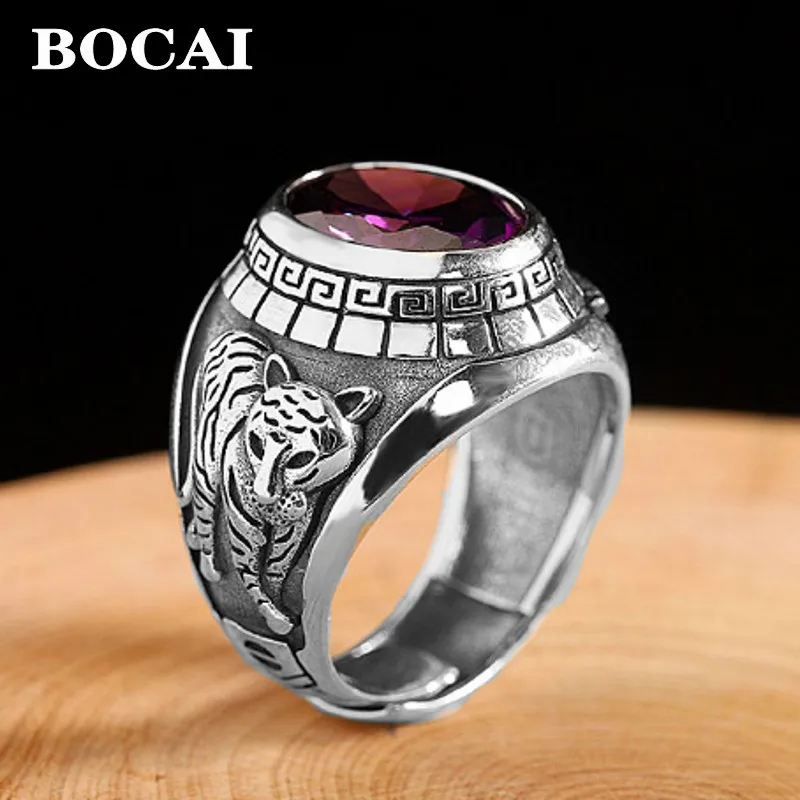 

BOCAI New s925 Silver Jewelry Cut Purple Zircon Men's Ring Fashionable Dragon and Tiger Pattern Decoration Exquisite Gift