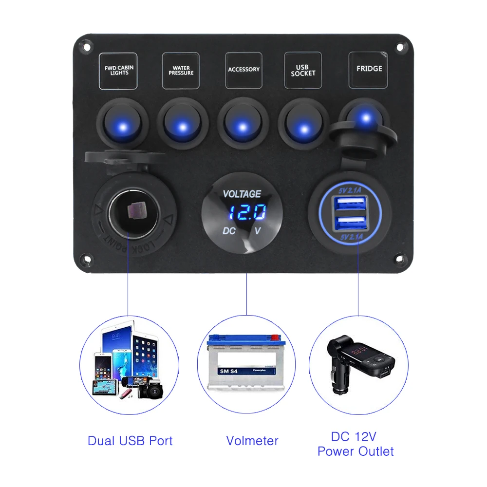 Boat Switch Panel Car Switch Panel Waterproof Digital Voltmeter Dual USB Port 12V Outlet Combination Marine LED Rocker 5 Gang