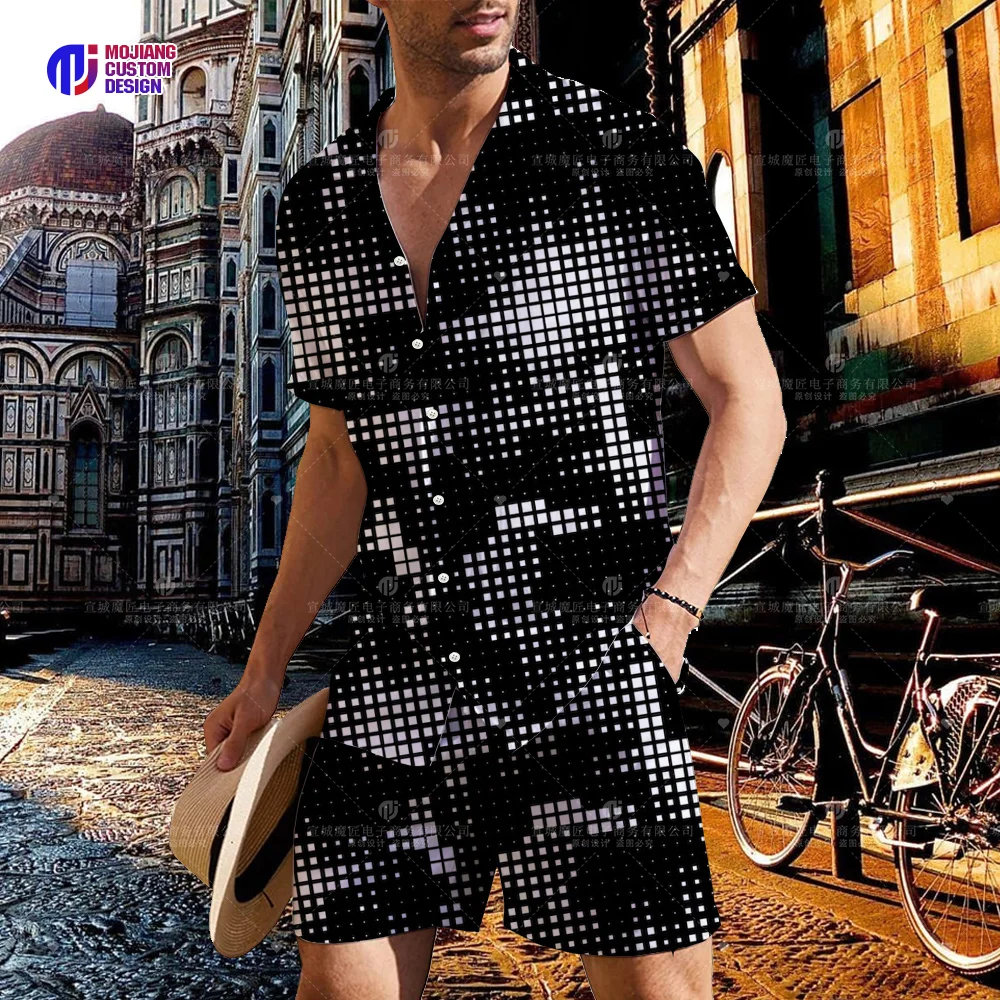 2023 Cool Pattern Shirt Men High Street Casual Travel Short Sleeve Shorts High Quality Mens Button Shirt Set US Size S-5XL