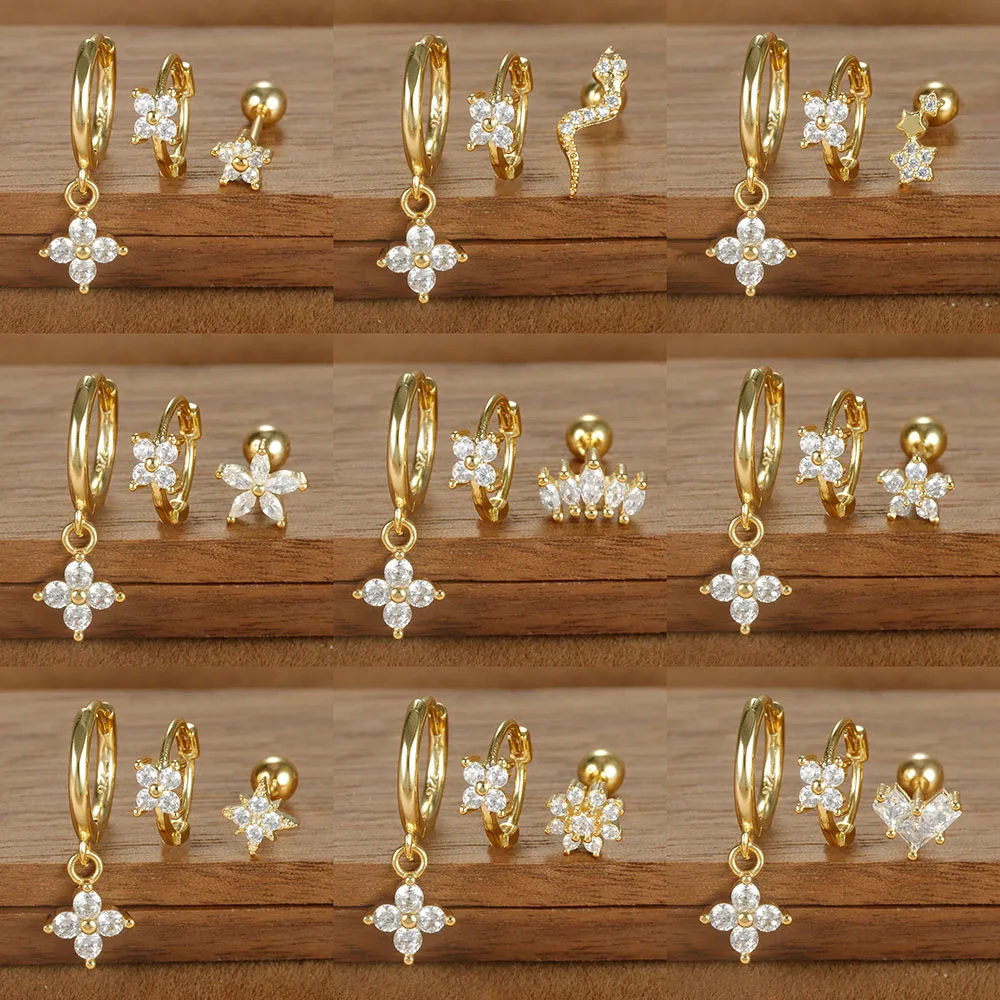 3PCS Simple Four Flower Zircon Little Hoop Earring Stainless Steel Star Cartilage Piercing Earring Set for Women Fashion Jewelry