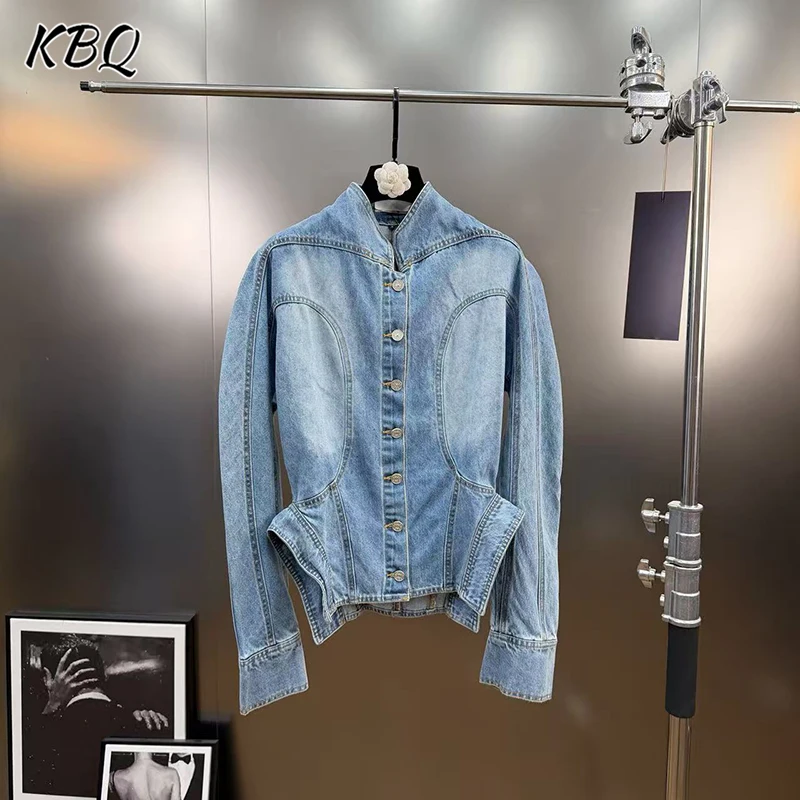 سترة قصيرة من قماش الدنيم بتصميم بحاشية غير رسمية من KBQ للنساء بياقة واقفة وأكمام طويلة وأزرار مقسمة جديدة للسيدات #1