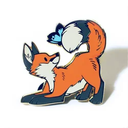 Kawaii Red Fox and Blue Butterfly Hard Enamel Pin Cute Cartoon Forest Foxs Badge Animal Brooch Accessories Fashion Jewelry