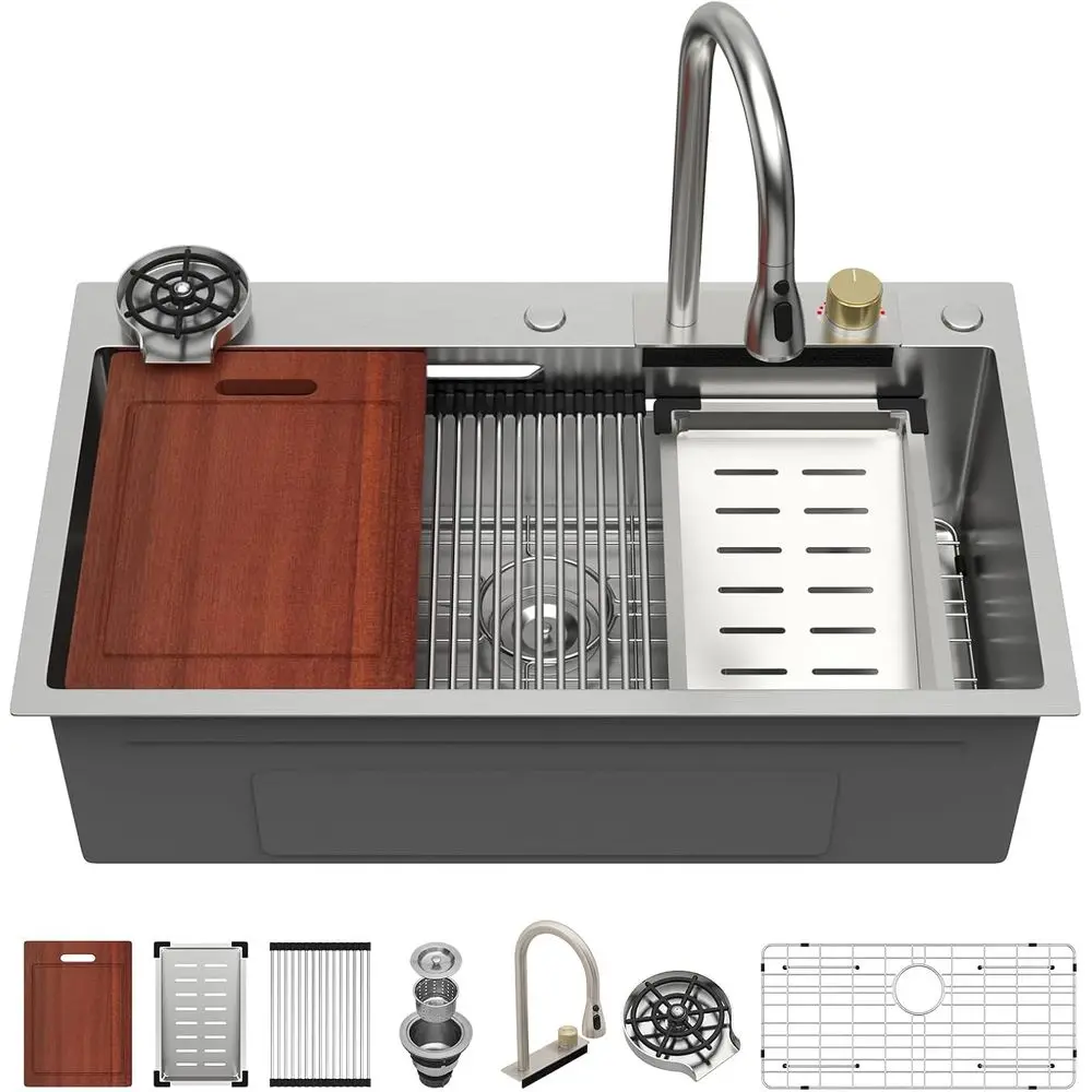 

Waterall Kitchen Sink - 30 Inch Drop In Waterall Workstation Kitchen Sink StainlSteel 16 Gauge Topmount Single Bowl Multiunction