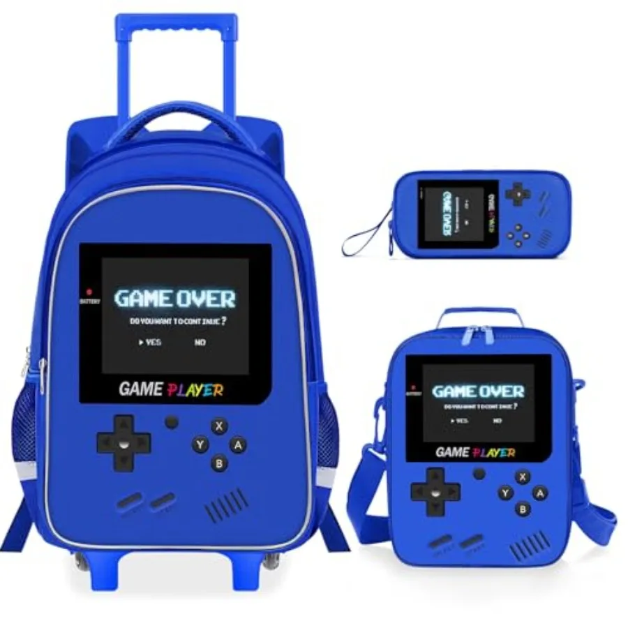 

Rolling Backpack for Boys - 3PCS Gamer Boys Rolling Backpack with Lunch Bag Set, Elementary Middle School Roller Bookbag with A