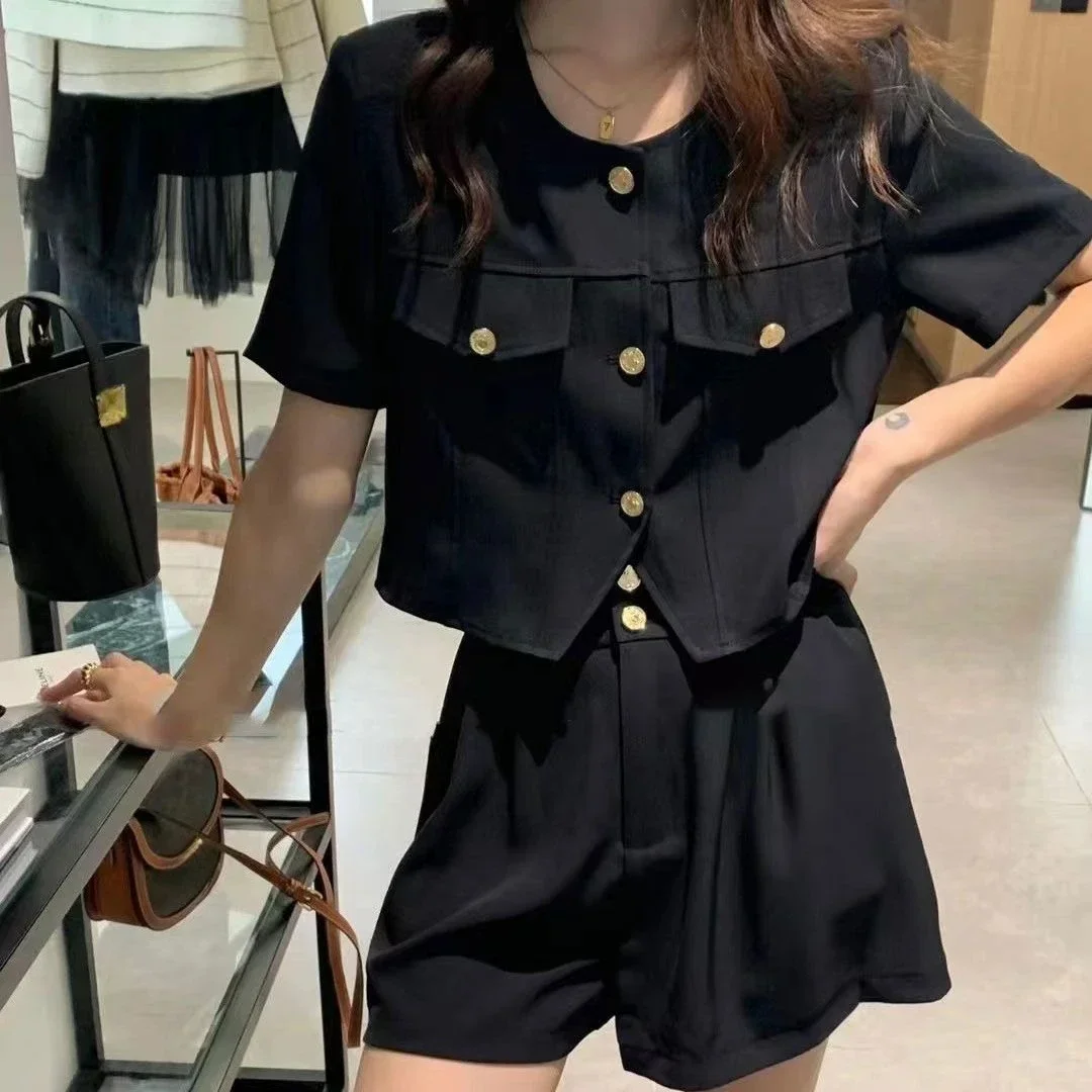 Black Casual Loose Women's Short Sets 2 Pieces Cheap Offers Novelty In Light Female Shorts Summer Fashion Tailor Outfits