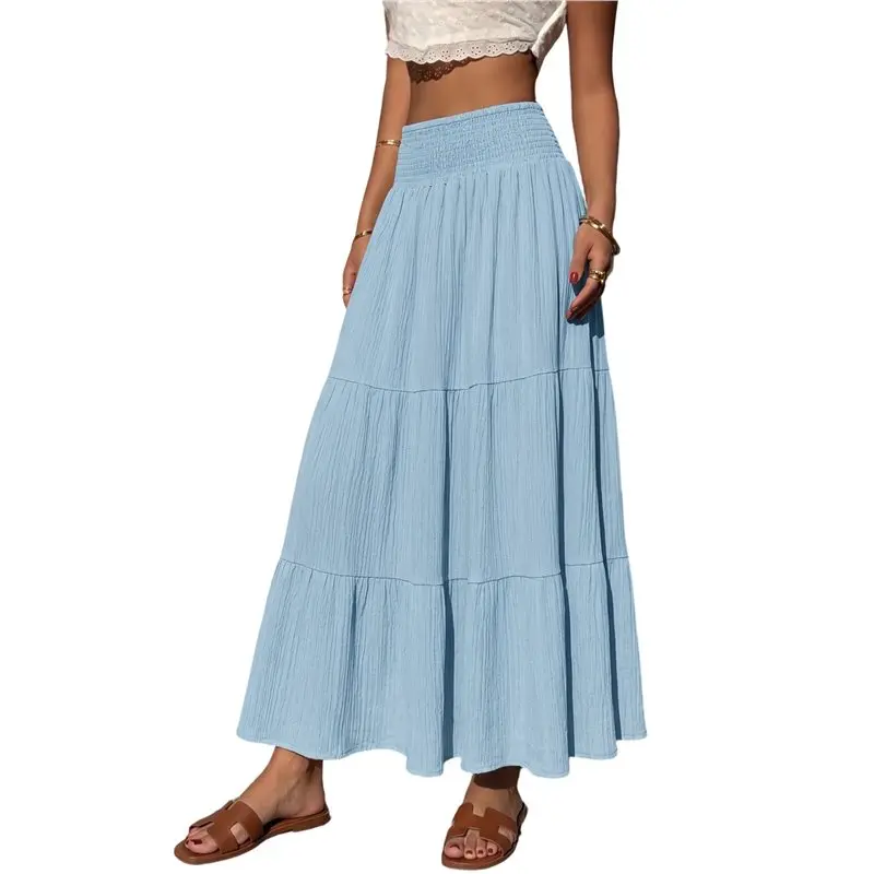 

NEW-Women's Maxi Skirts Elastic High Waist A-Line Tiered Flowy Boho Skirts Summer Casual Beach Vacation