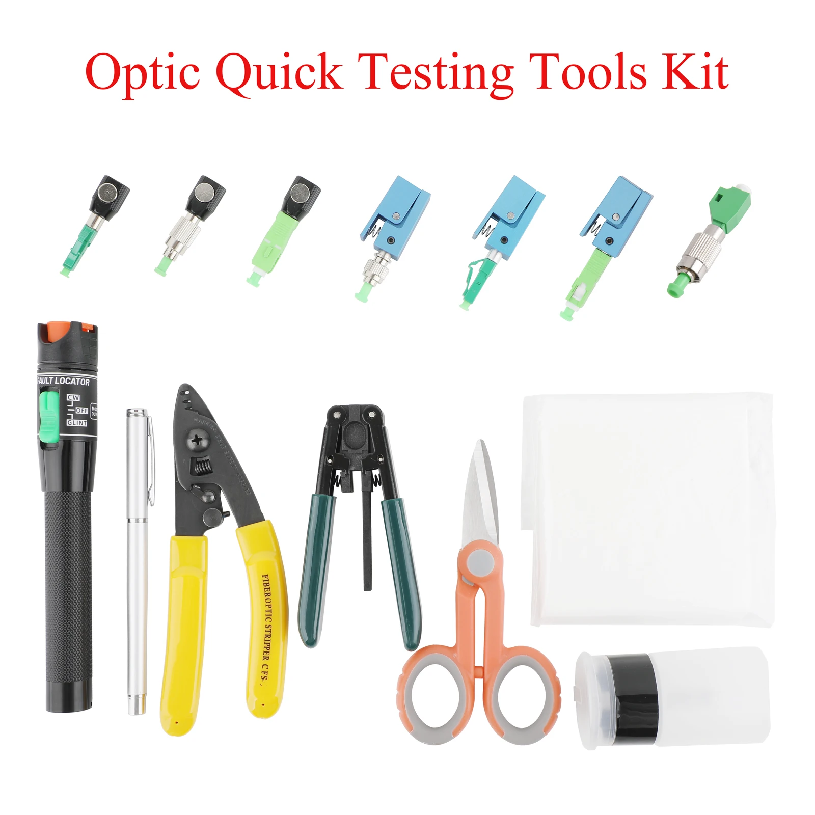 Fiber optic connection testing tool kit(8/9/10 PCS in 1):APC connector,30km tester,stripper,cleaning tools for OTDR connection