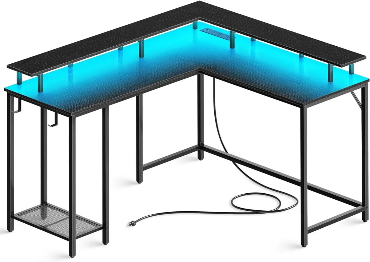 L Shaped Gaming Desk with Power Outlets & LED Lights, Computer Desk with Monitor Stand & Storage Shelf