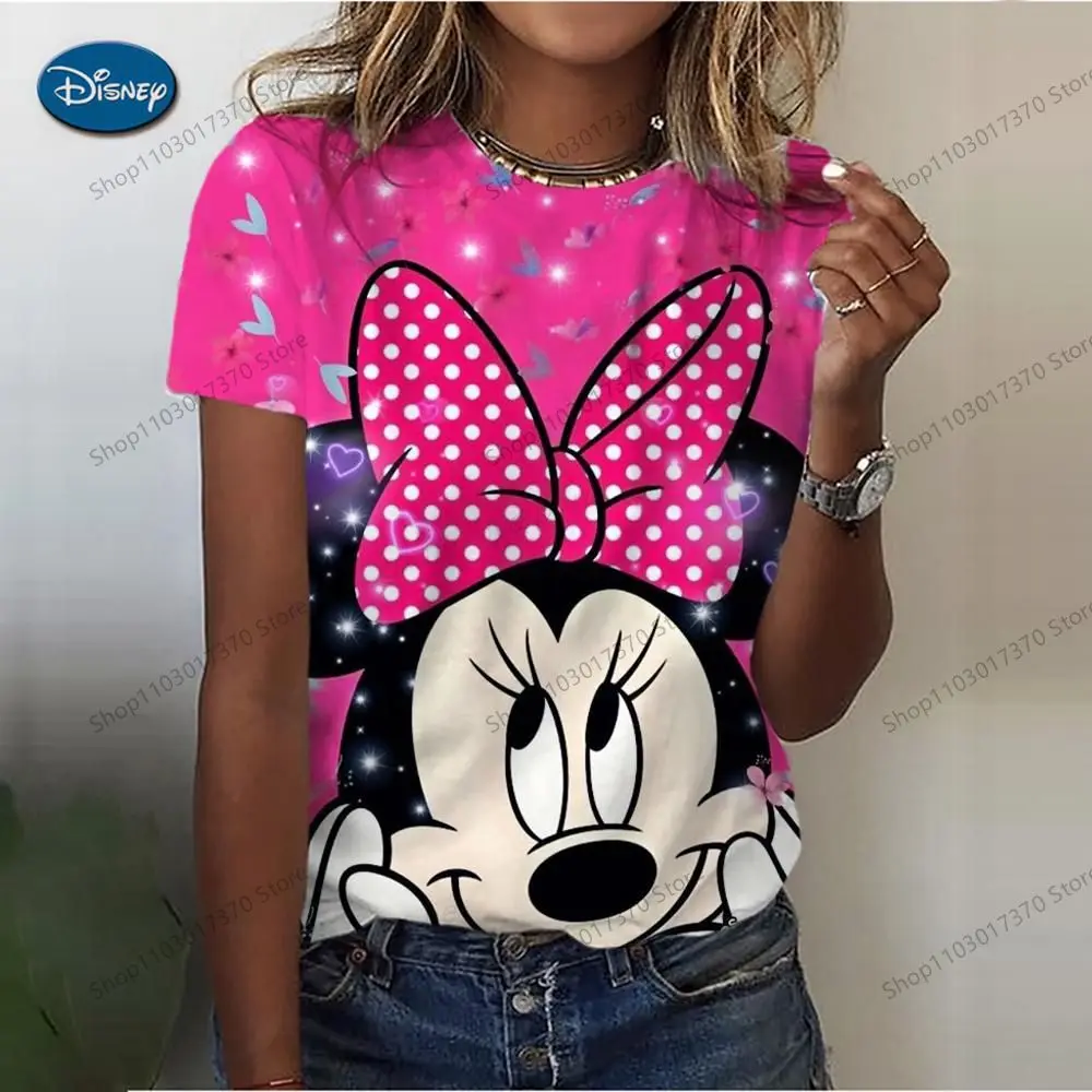 Camiseta con estampado de cabeza de Minnie Mouse de Disney, Tops informales de cuello redondo de dibujos animados, ropa para bebés, niños y niñas,