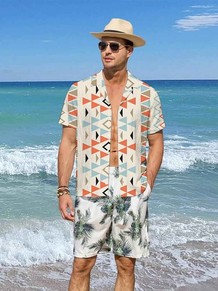 Setelan baju pria, musim panas Vintage cetak 3D baju pria set mode kemeja lengan pendek ukuran besar celana pantai pakaian jalanan Hawaii