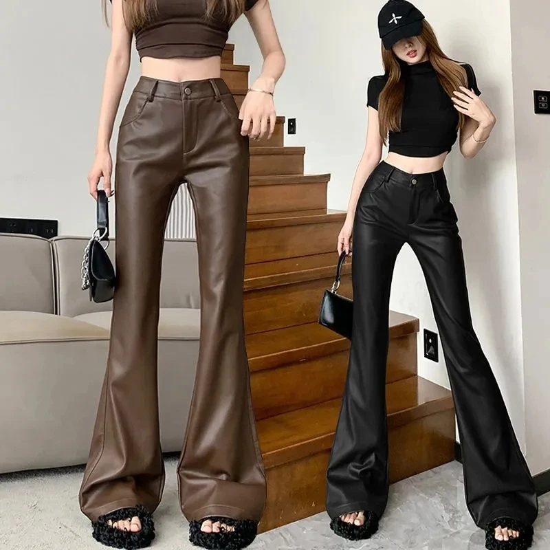 European Black Brown Micro PU Leather Pants For Women Autumn Winter New Slim Fit High Waist Casual Floor Length Pants Pantalons