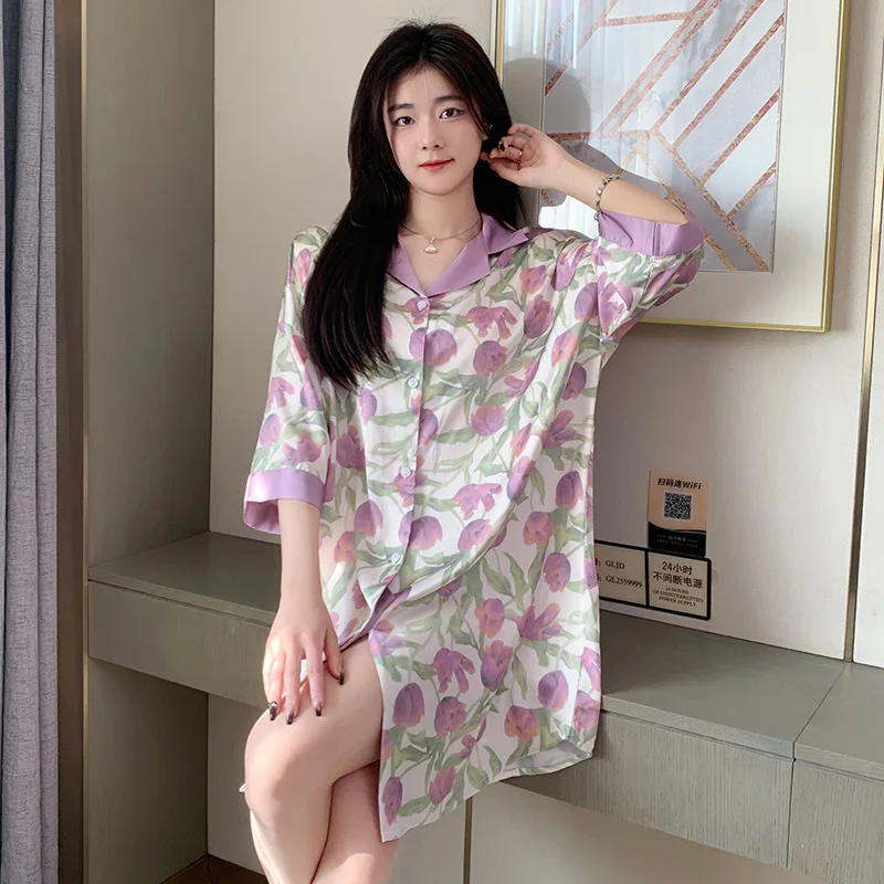 Women Nightgowns Satin Silk Tulip Flower Print Sleepwear Buttons Nightwear Dress Sexy Lingerie Gown Robe Homedress Nightdress