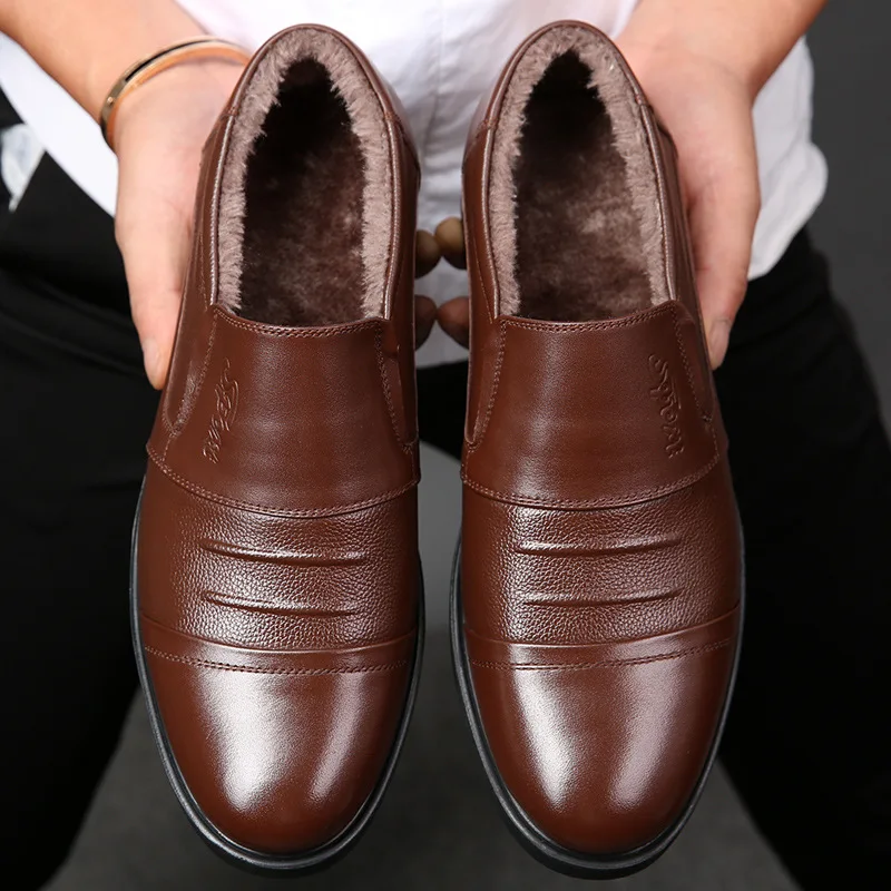 Men's casual shoes autumn and winter business fleece warm cotton leather shoes men's cotton shoes dad shoes