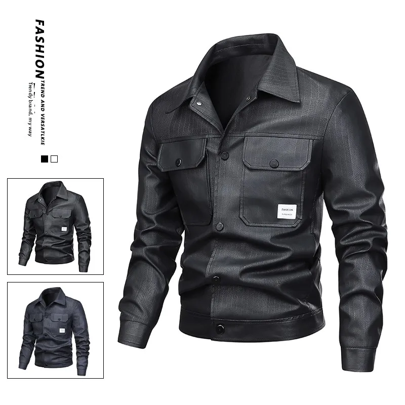 

Облегающая кожаная куртка для мужчин, повседневная слиповая корейская версия, модная верхняя одежда с воротником, весенний сезон, длинный све