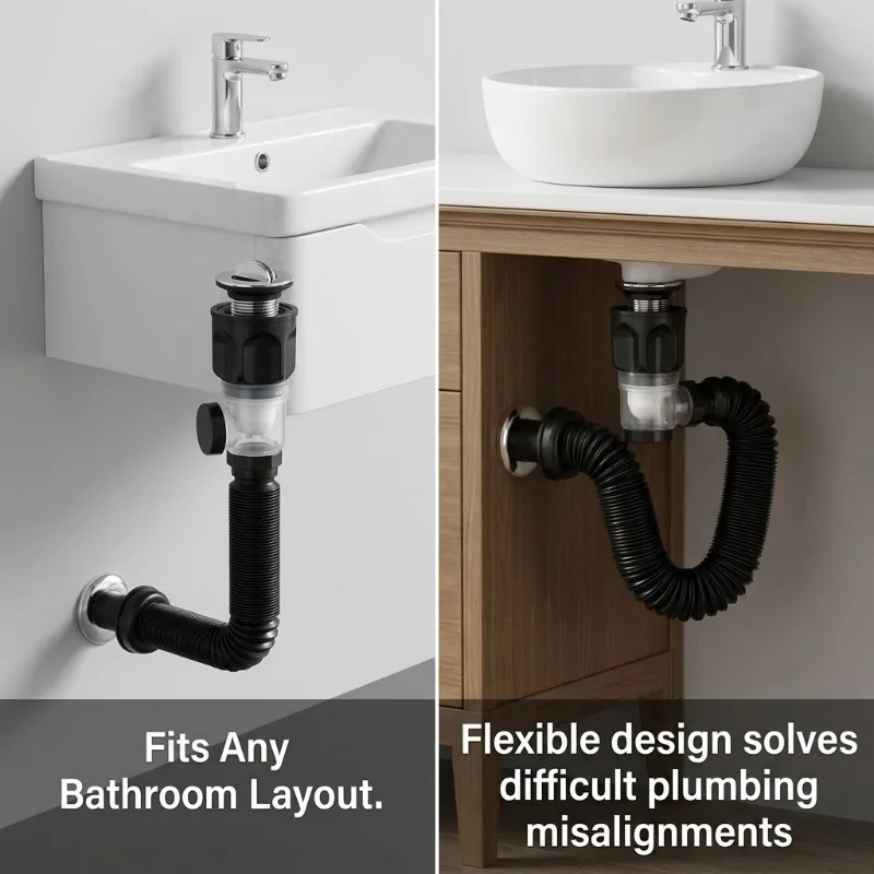 Home Bathroom Washbasin Drainage Assembly Flexible Anti Odor Sink Drain Pipe with Stopper for Sink Renovation & Plumbing Work