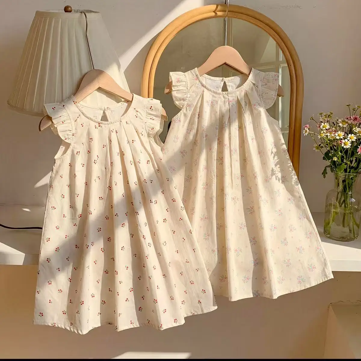 

2026 New Arrival Toddler Girl Romantic French Floral Print Gown Angel Sleeve Cherry Ruffled Baby Skirt for 90-140cm