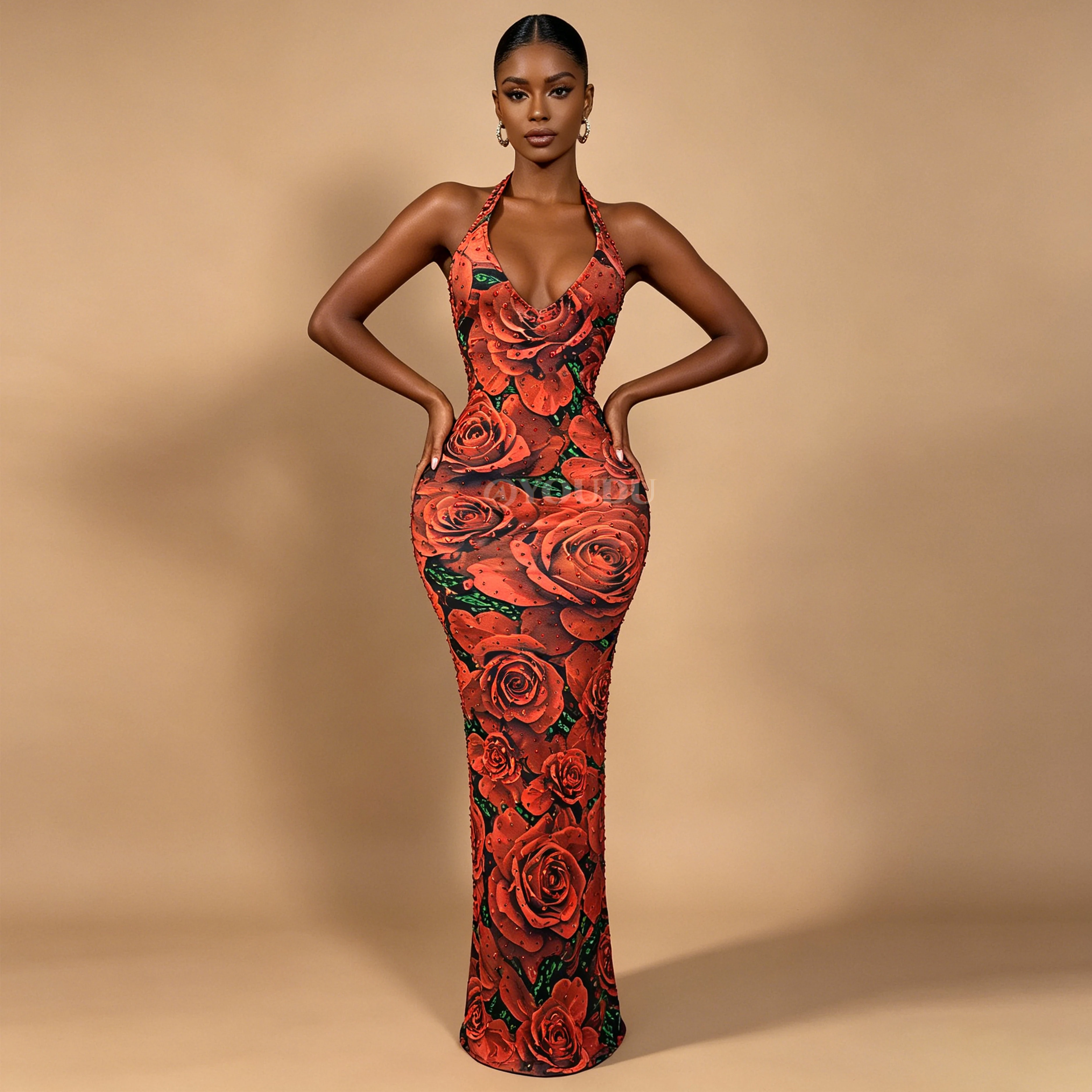 Elegance Red Rose pattern Shining Rhinestones Sexy V-neck Backless Dress Evening Prom Gown Red carpet Stage Outfit Meiguihuaban