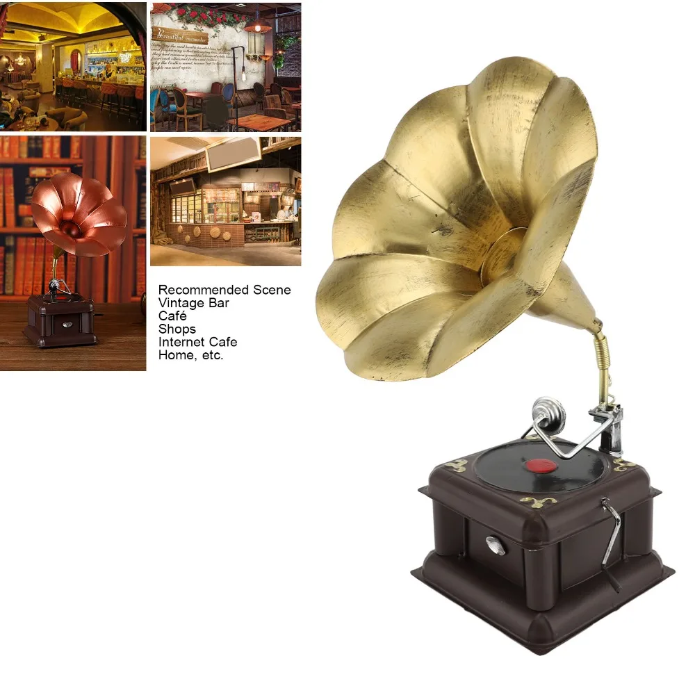 2pcs Iron Phonograph Model Bronze Nostalgic Gramophone Ornament Classical Red Bronze Gramophone Music Box Desk Decor