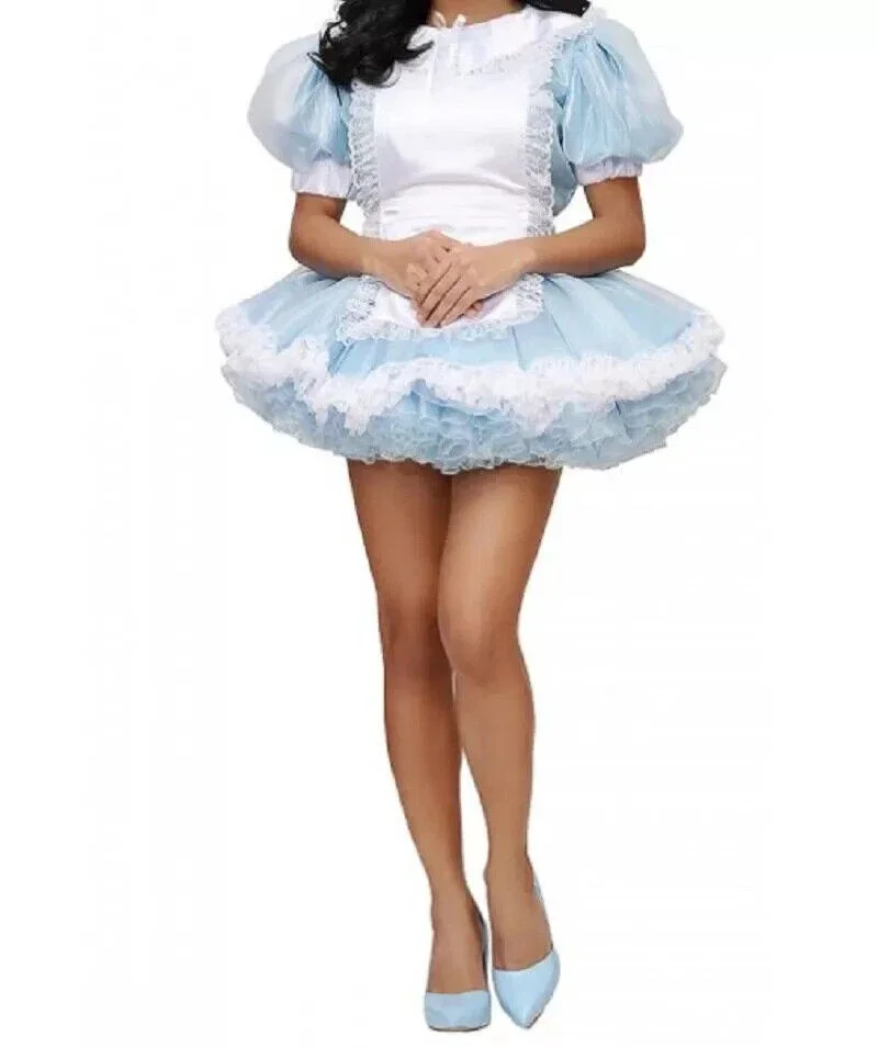

Blue Satin Sissy Dress Sexy Customizable Cute Girl Maid Cosplay Adult Halloween Costume for Women