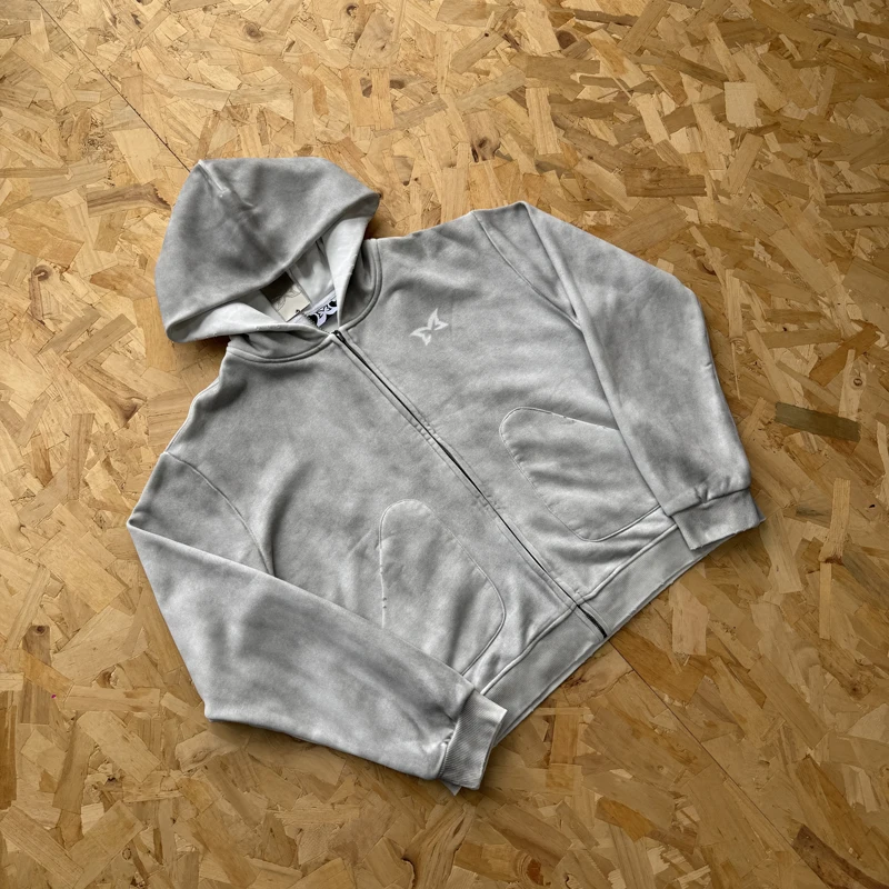 

Mertra Hoodies High-quality Brushed Light Gray Vintage Zipper Sweatshirt for Women Streetwear Men