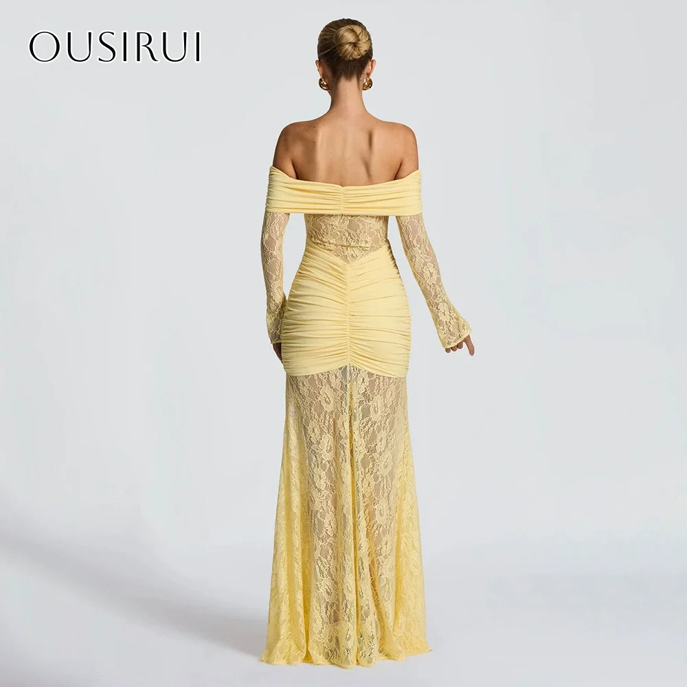 레이스 오프숄더 시스 이브닝 드레스 플리츠 플로어 기장 롱 슬리브 파티 가운