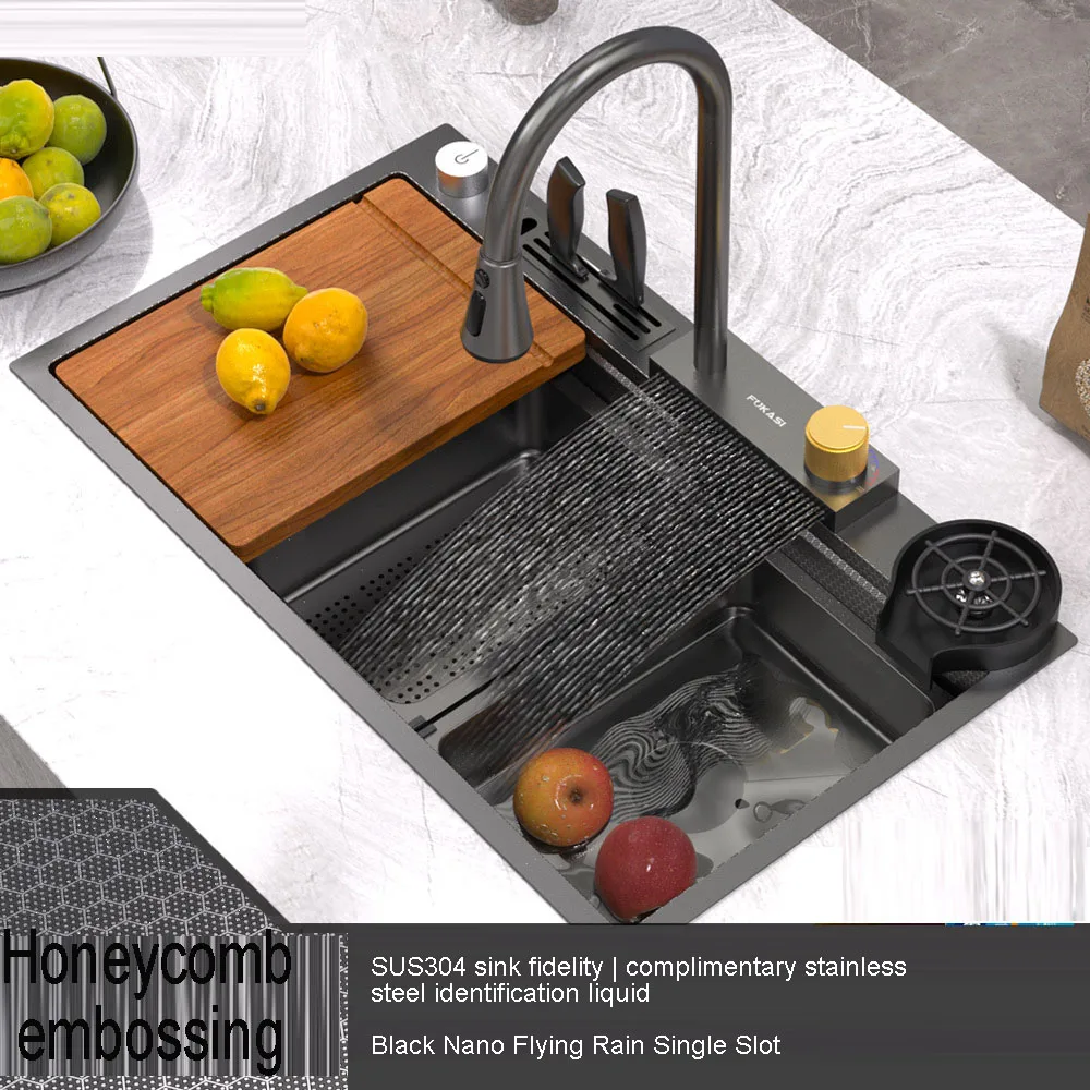 Honeycomb Embossed SinBasik, Flying rain Vegetable Washing n, SUS304 Stainless Steel Sink, Kitchen Sink, Large Single Slot