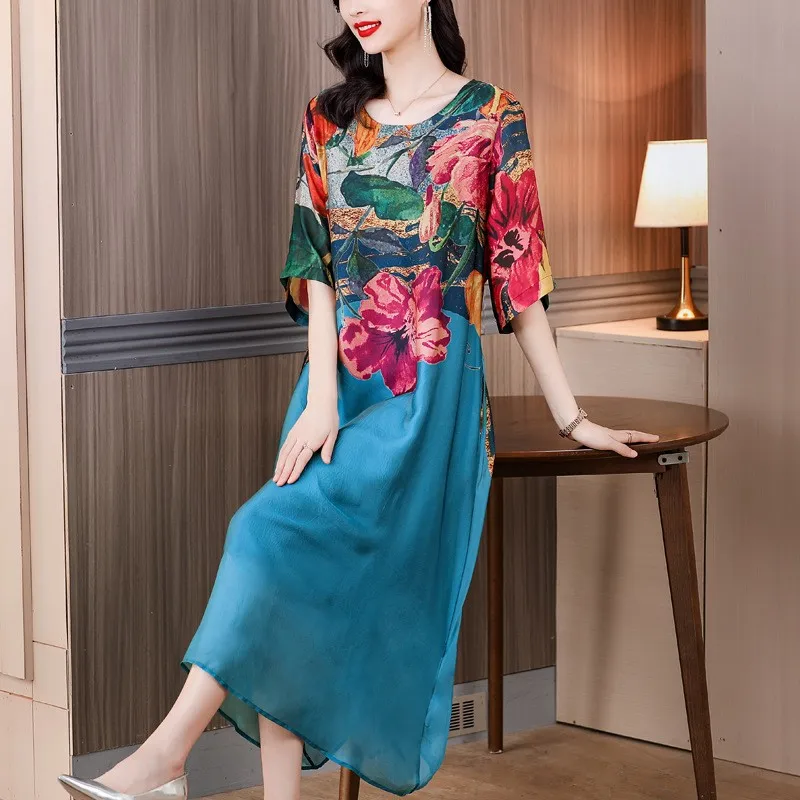 Verão 2023 plus size solto emagrecimento retro impressão Dr feminino camada dupla irregular étnica sle saia longa linha A poliéster...