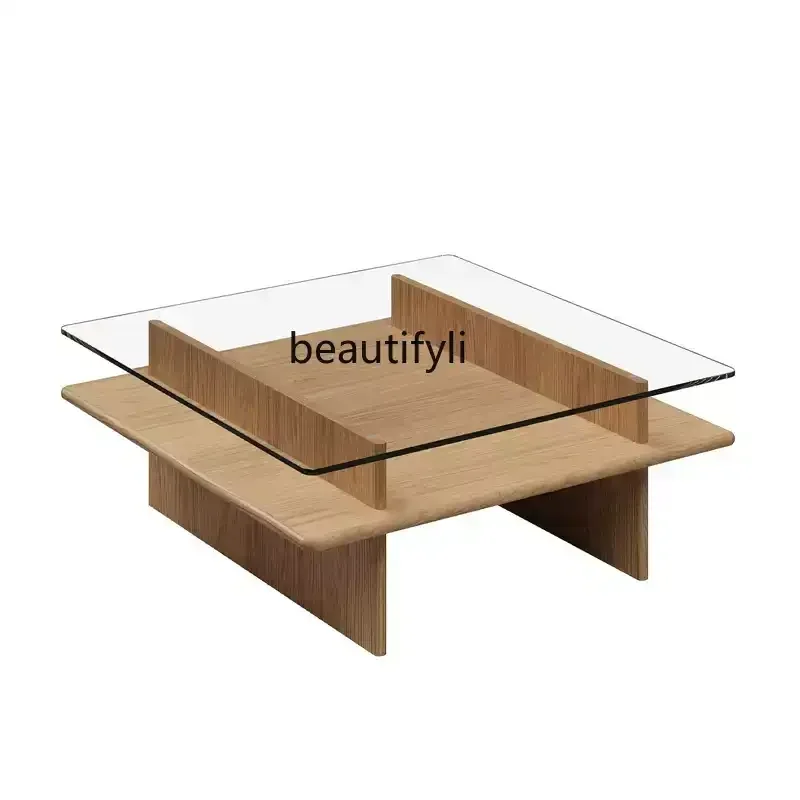 

Log wind solid wood glass coffee table living room household storage tempered countertop tea table, coffee table