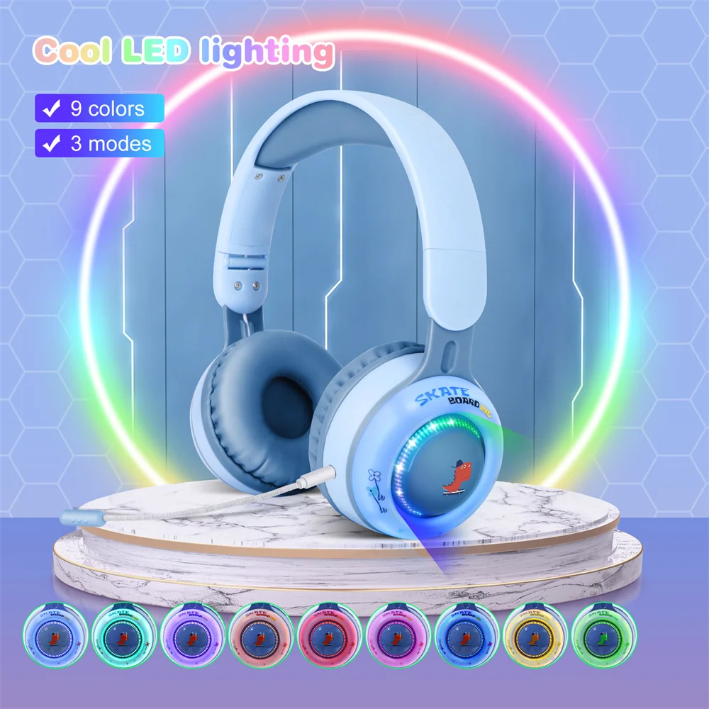 Cute Dinosaur Wireless Headphone with Mic for Children Glowing Headphones Stereo Music Wireless Headset Support TF Kids Gifts