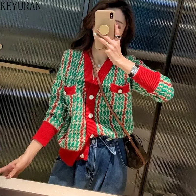 2024 Autumn Winter V-neck Striped Sweater Cardigans Women Vintage Single Breasted Long Sleeve Casual Loose Knitted Outwear Tops