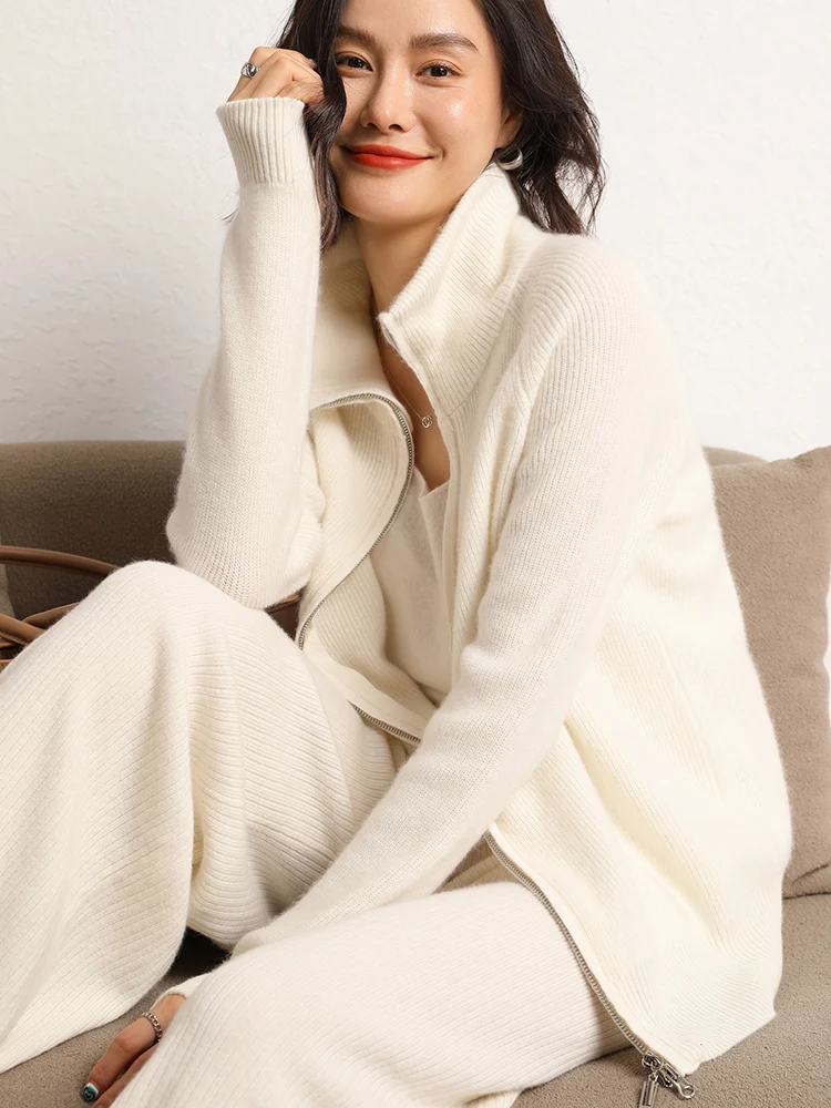 

Woman 100% Cashmere Sweater Autumn Winter Two Way Zipper Cardigan Turtleneck Casual Loose Knitwear Stylish Coat Lazy Clothes Top