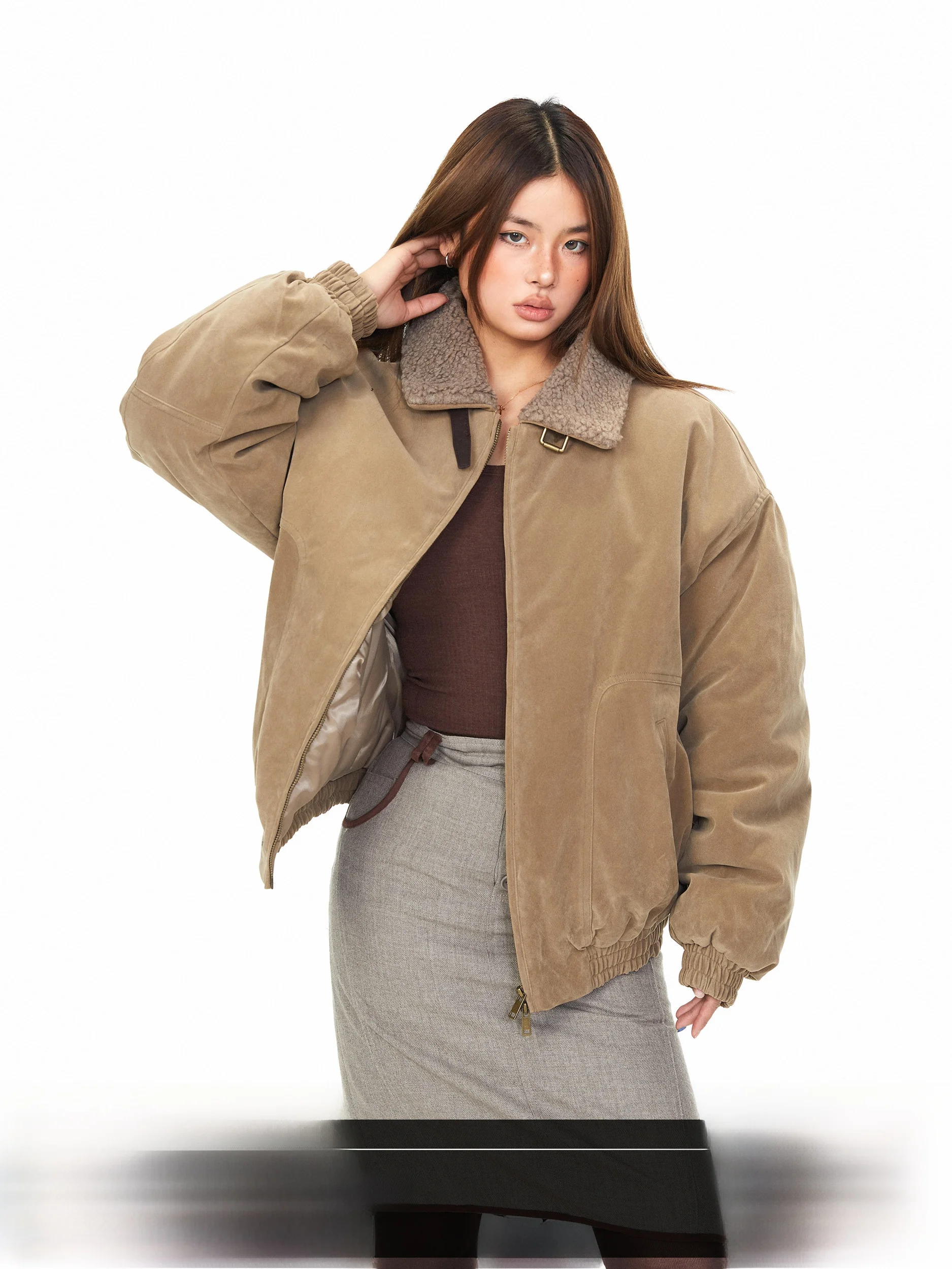 

Blabb Suede Fur Collar Workwear Cotton Jaet Women Winter American High-End Loose Thi Warm Cotton Coat Outerwear